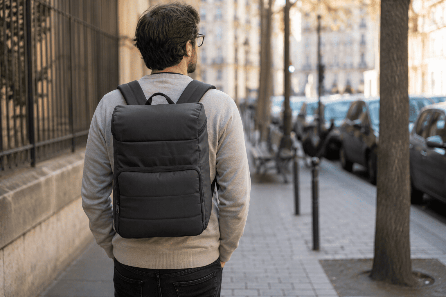 Homme qui porte un sac à dos isotherme